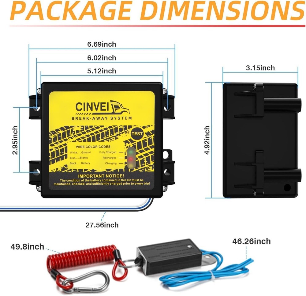 Trailer Brakes Breakaway Kit with Charger, LED Indicator, Switch, 12V5AH Battery