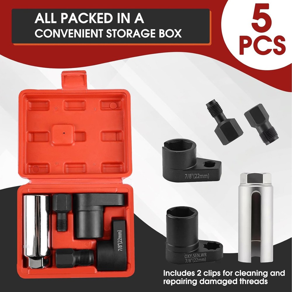 5pcs Oxygen O2 Sensor Socket Remover/Installer Thread Chaser Tool Set Kit 22mm