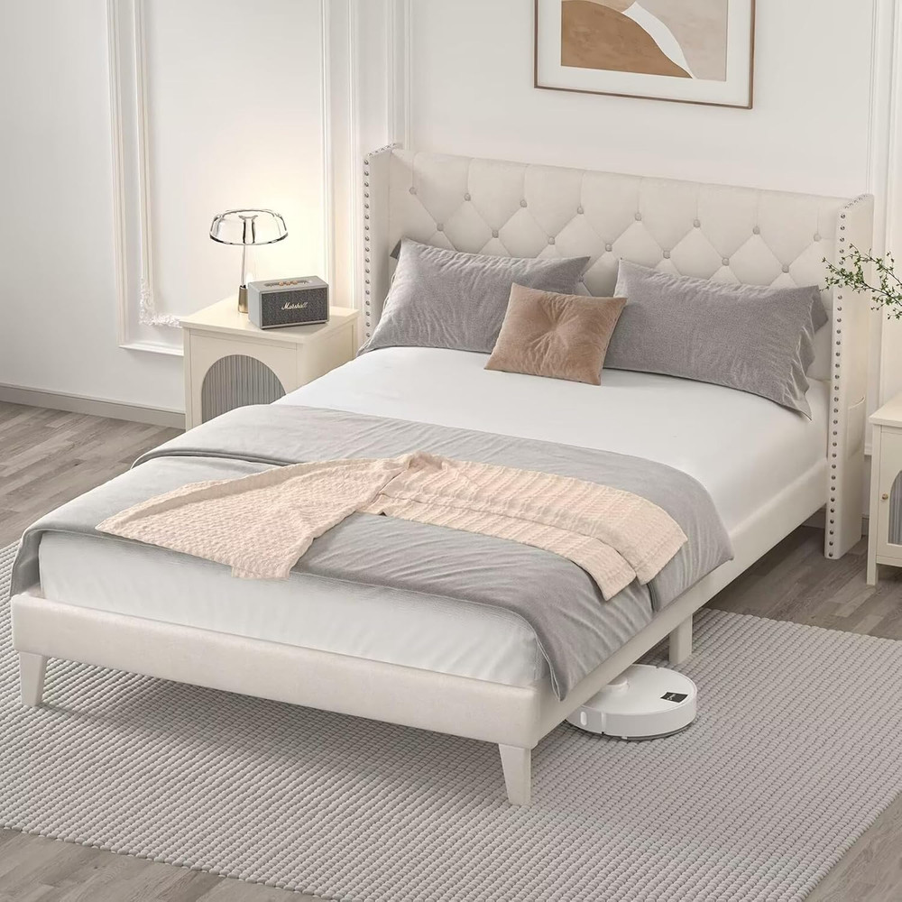 DOGIBIXO Queen Size Bed Frame with LED Lights, Upholstered Bed Frame with Wingba