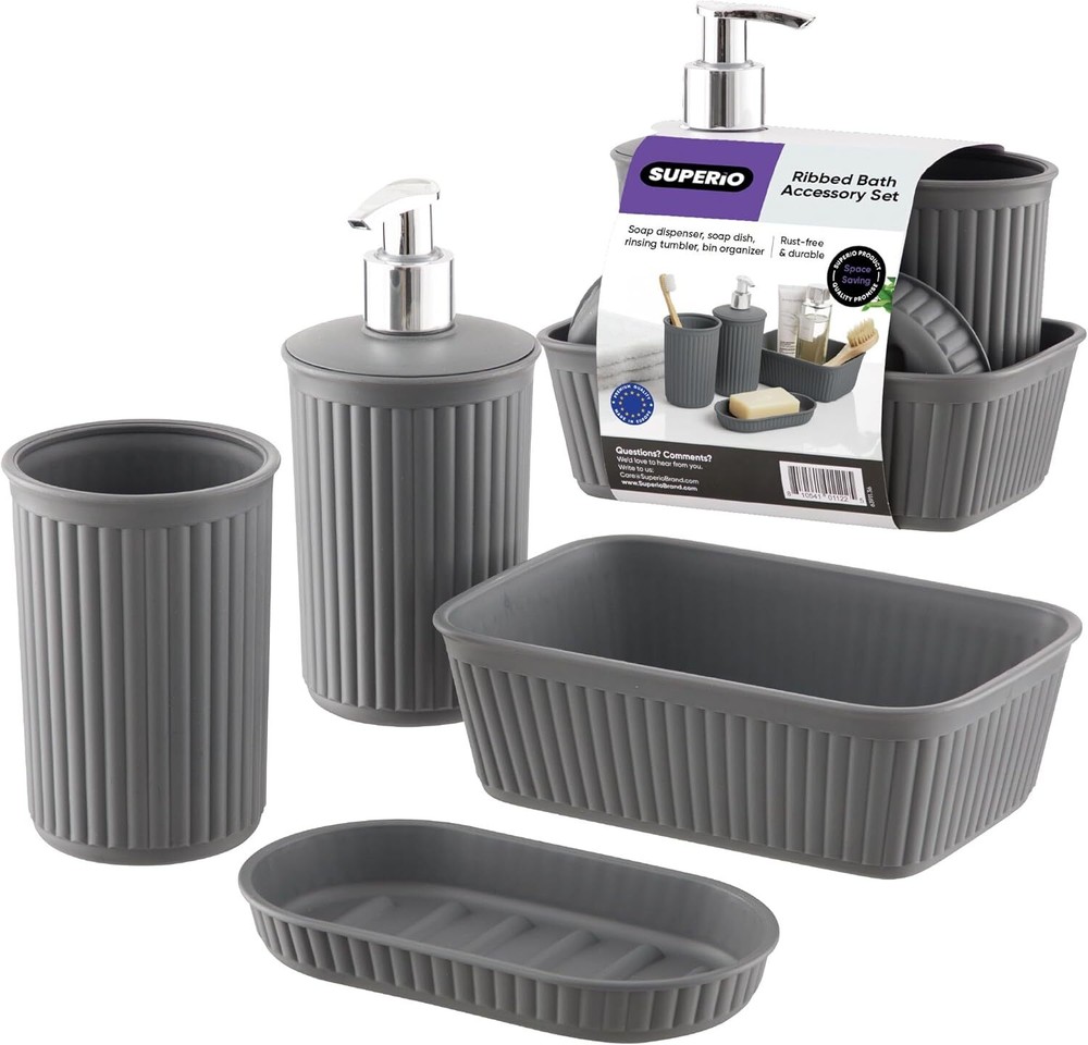 Superio Ribbed Collection - Decorative Plastic Bathroom Accessories Set, Grey