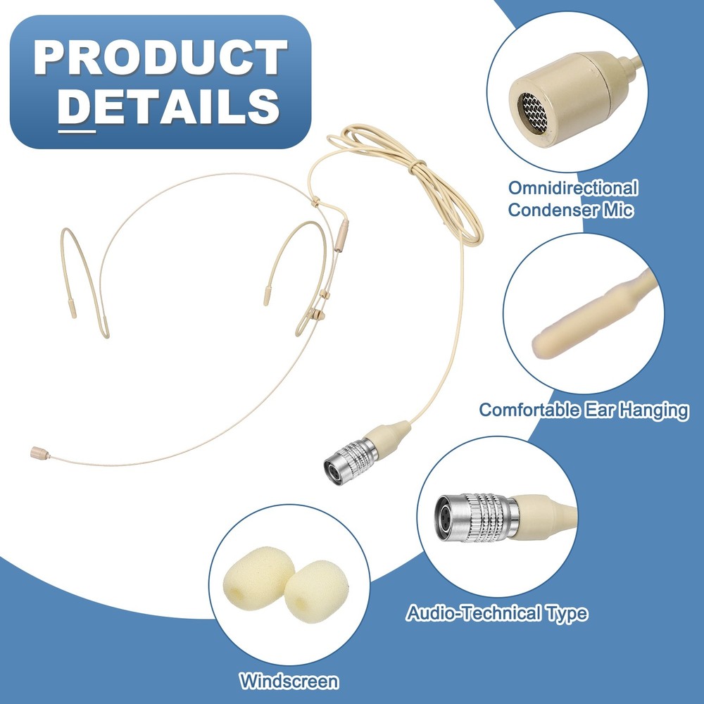 Ear Hook Microphone, Double Ear Headset with Audio Technical Type Plug, Beige