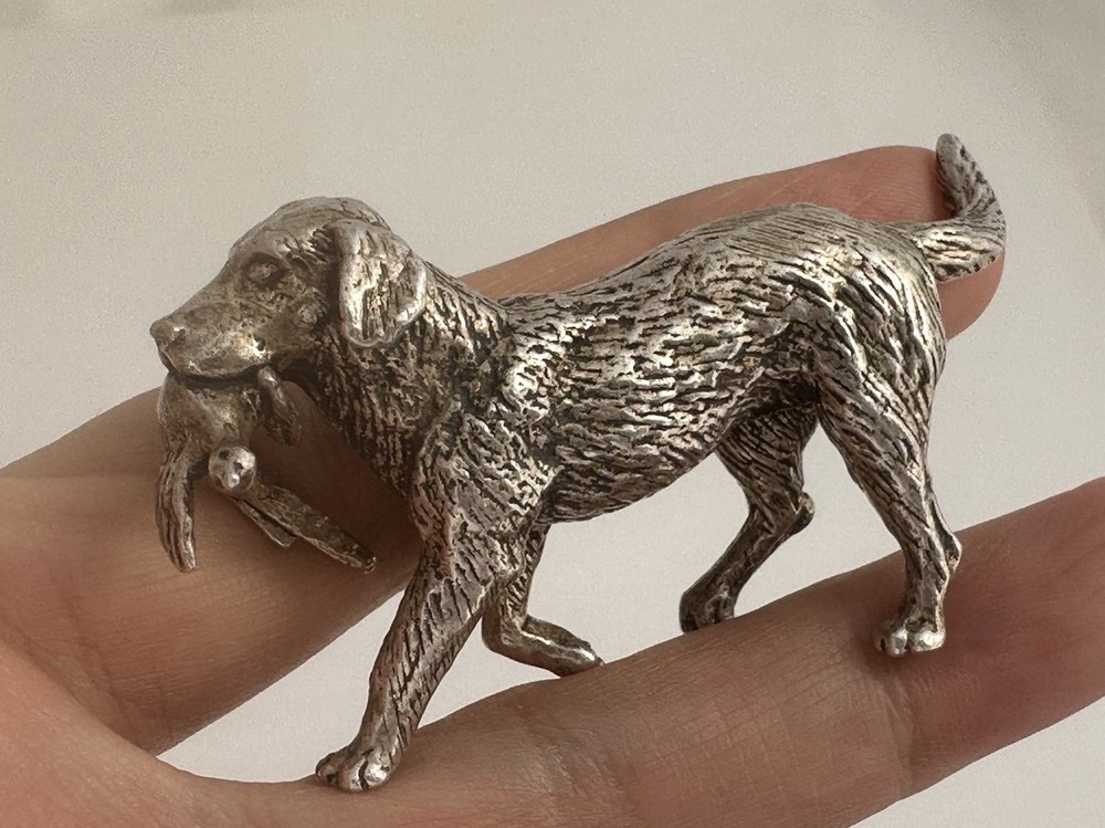 Vintage Solid Silver Miniature Retriever With Duck c.1979