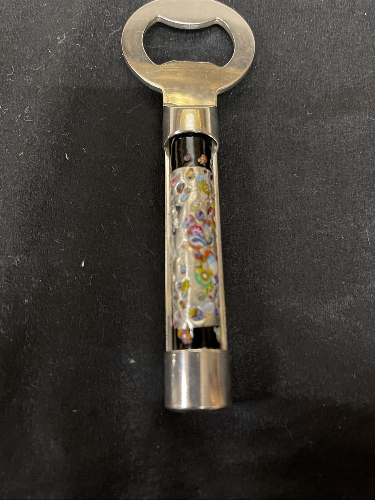 Silver corkscrew and bottle opener with blown glass insert