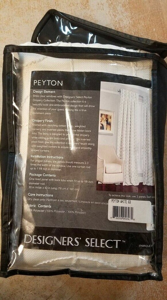 DESIGNERS' SELECT PEYTON BACK TAB WINDOW CURTAIN PANEL, WHITE, 30"X63" *DP*