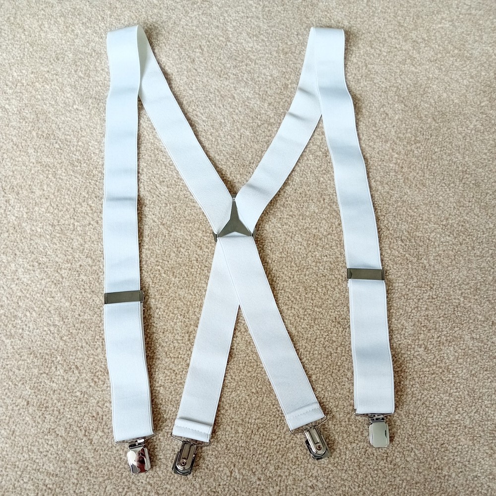 Men’s White Suspenders, Thick Adjustable, One Size