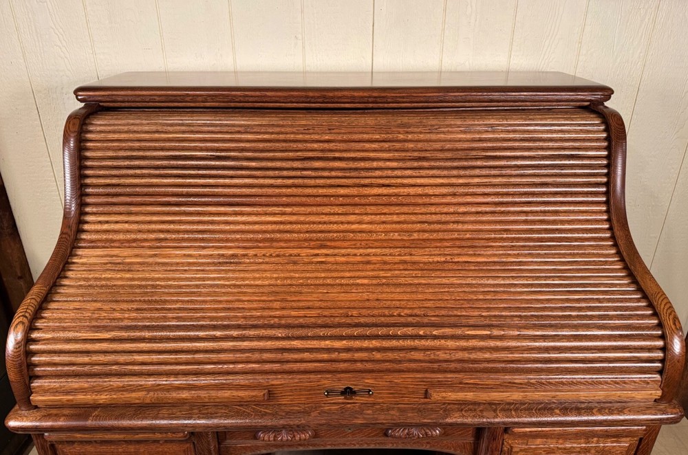 Antique Oak 50" Raised Panel S-Roll Top Desk with Carved Pulls