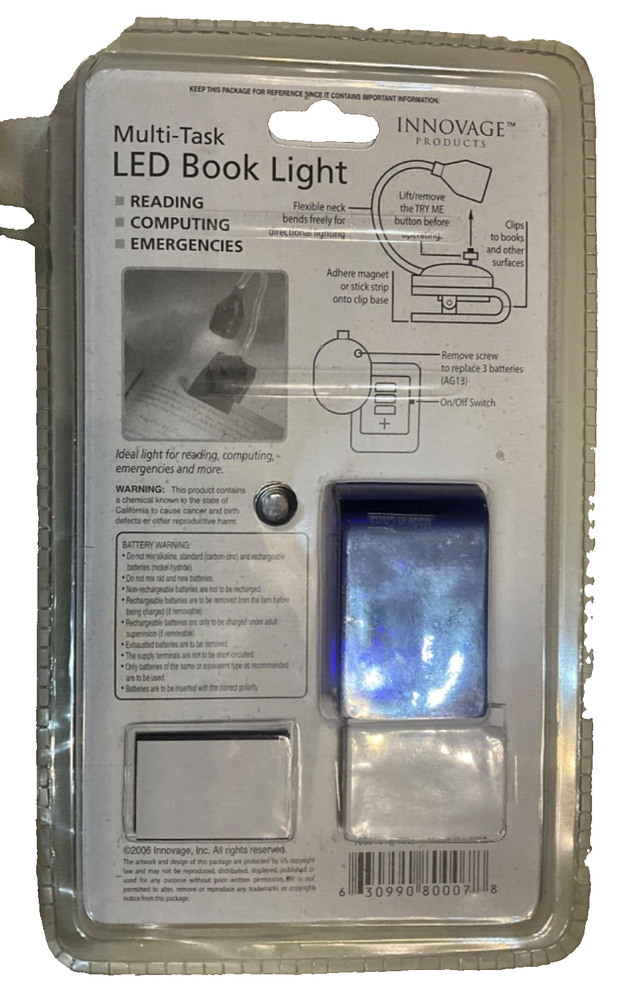 Multi-Task LED Book Light With Extra AG13 Batteries Flex Neck Clip Or Stick