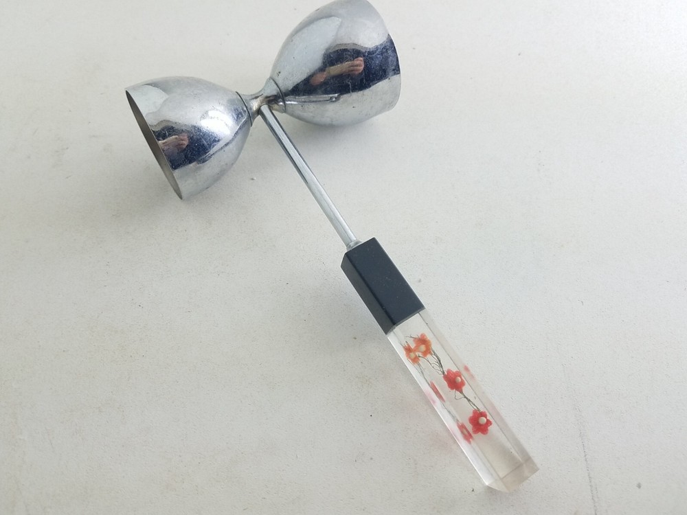 Vintage Jigger With Lucite Handle Embedded Flowers