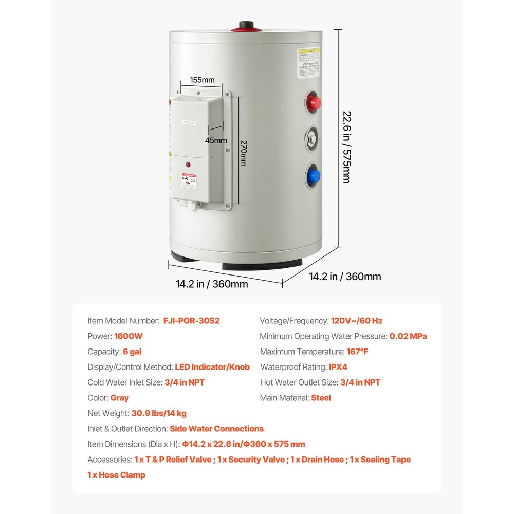 Uimoso 6-Gallon Electric Water Heater, 1600W, 120V, Compact with Safety Valve