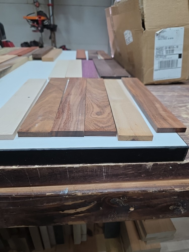 Assorted Domestic And Exotic Cutting Board Strips. 60 Total