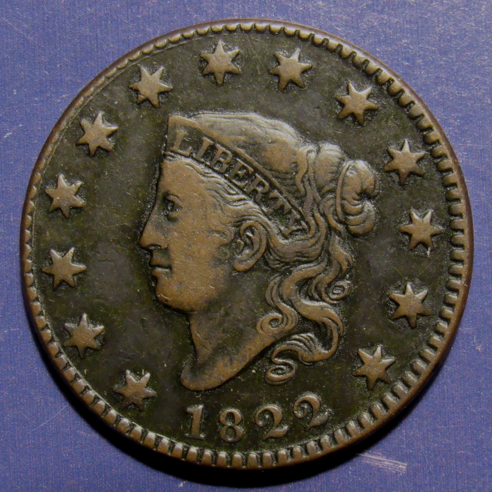 1822 CORONET LARGE CENT, N-11, VF ~ CHOICE ORIGINAL EXAMPLE WITH BOLD FEATURES