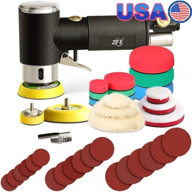 High Efficiency Air Random Orbital Sander W/ Buffing Pads & Sandpapers New