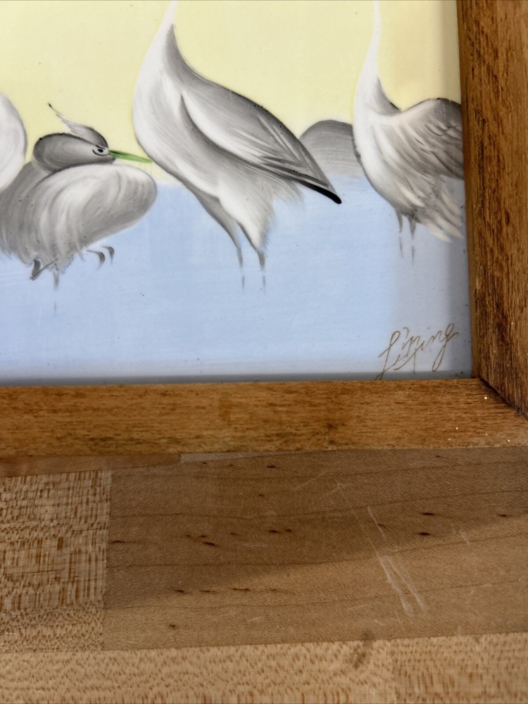 Vintage Art Tile Framed Signed Hand-Painted Cranes