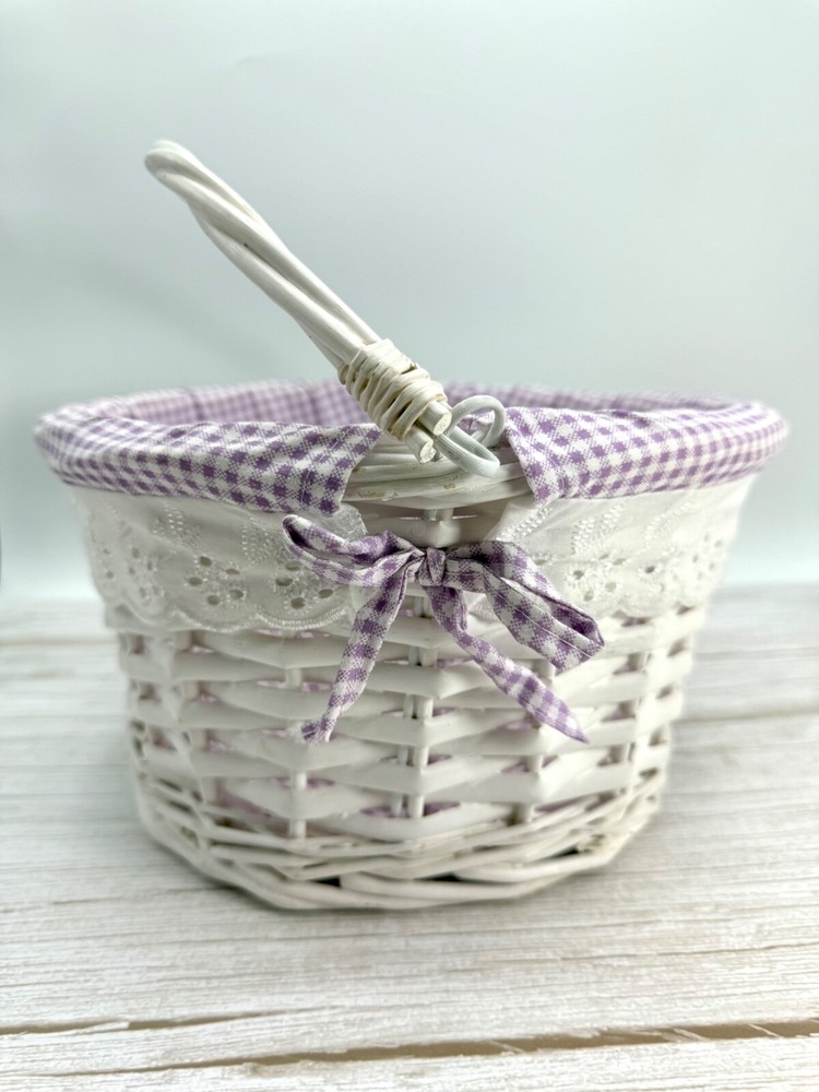 White Round Willow Woven Basket Purple Gingham Liner w/ Folding Drop-Down Handle