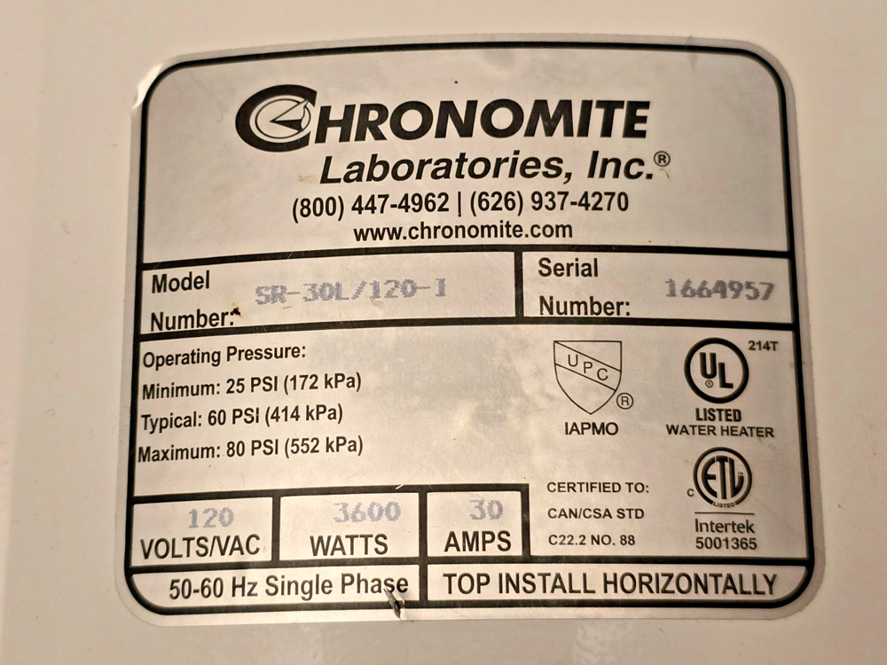 Chronomite SR-30L/120-1 Instant-Flow Electric Tankless Water Heater, Wall NOB