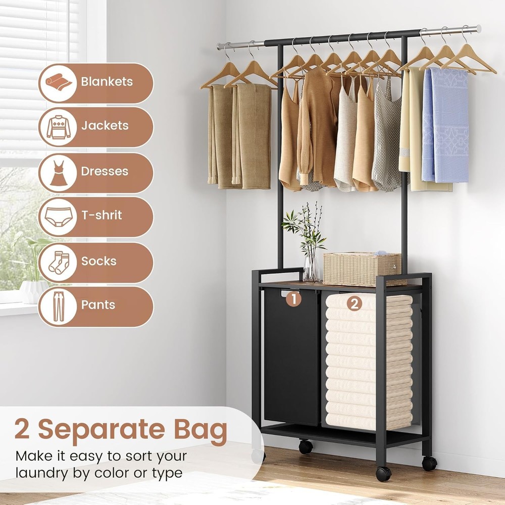 2-Section Rolling Laundry Hamper Sorter+Retractable Hanging Rod for Laundry Room