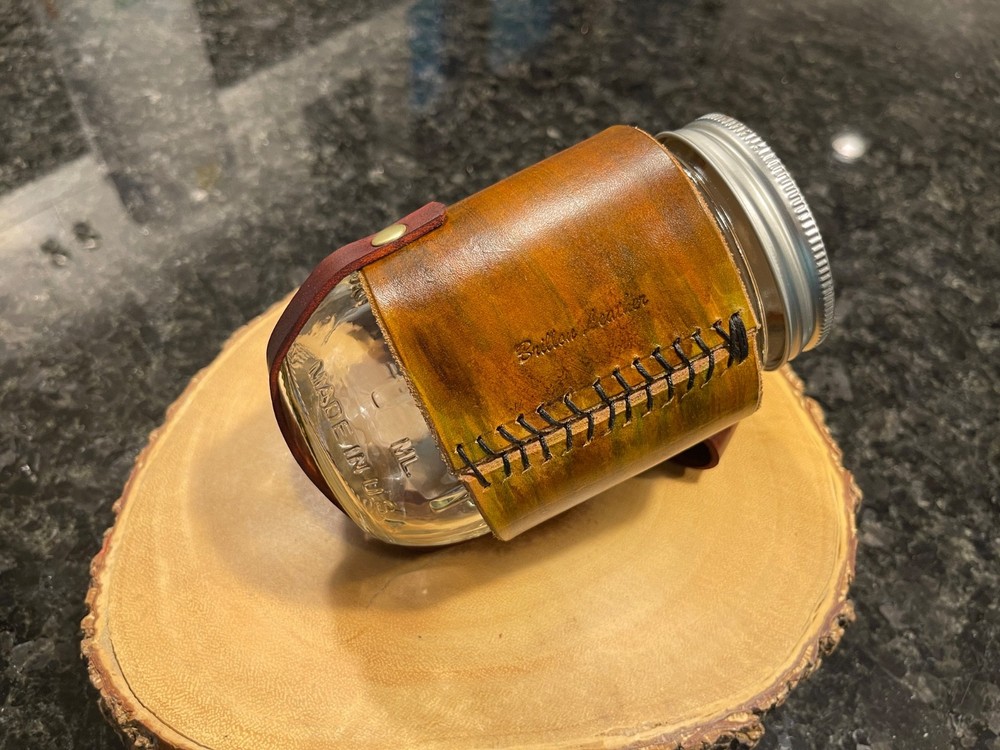 Leather Holder for 16 oz. Mason Jar with snap belt strap