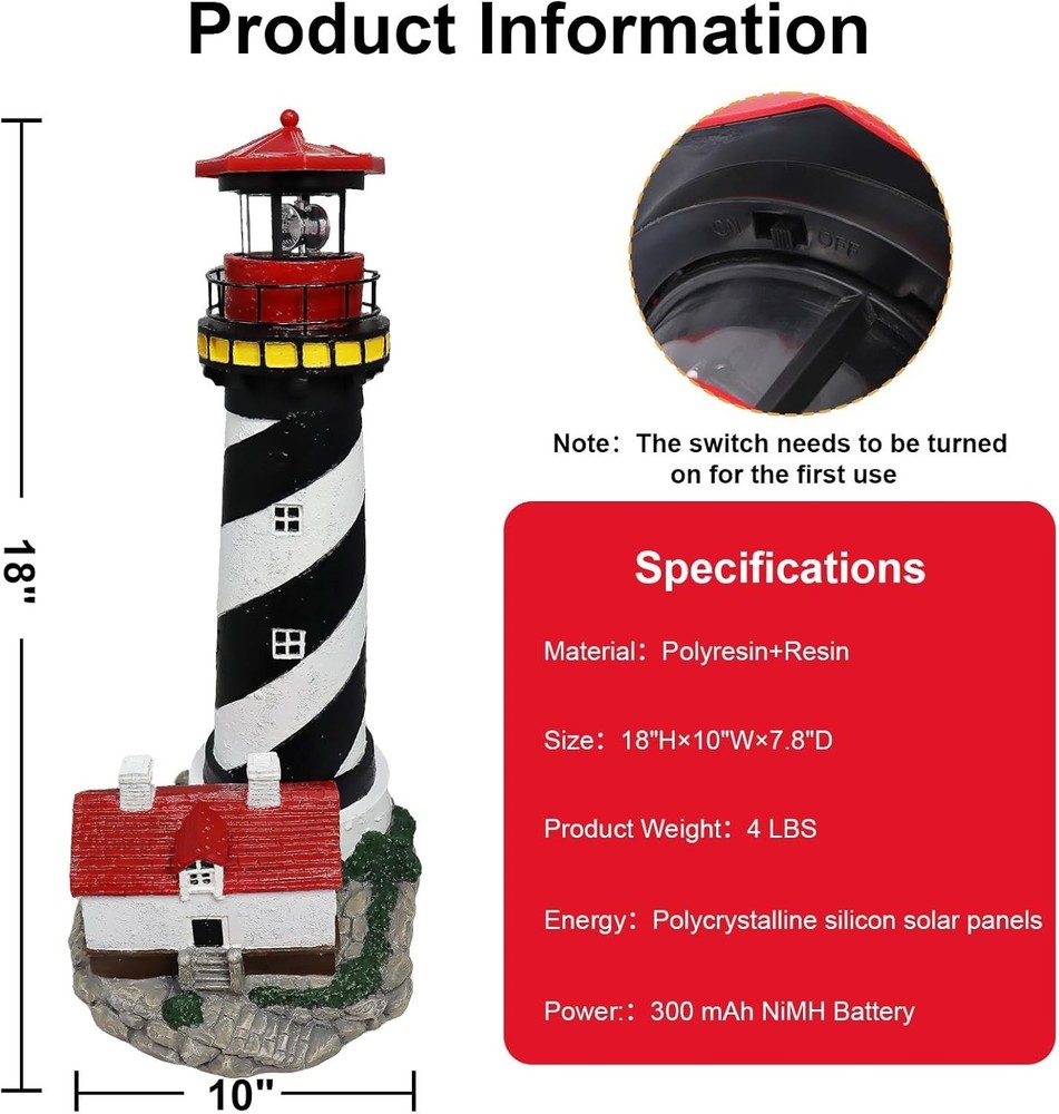 18" Solar Lighthouse with Rotating Beacon,Big Solar Powered Lighthouse