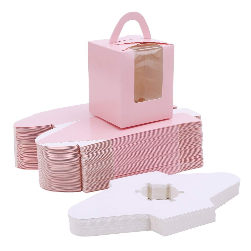 50PCS Pink Cupcake Boxes with Window Handle Individual Containers for Parties