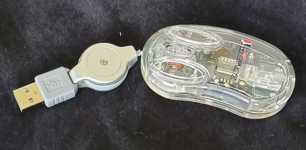 ZOMETA MINI OPTICAL SEE THROUGH COMPUTER MOUSE RETRACTABLE CORD G-ZOM-10046 NEW