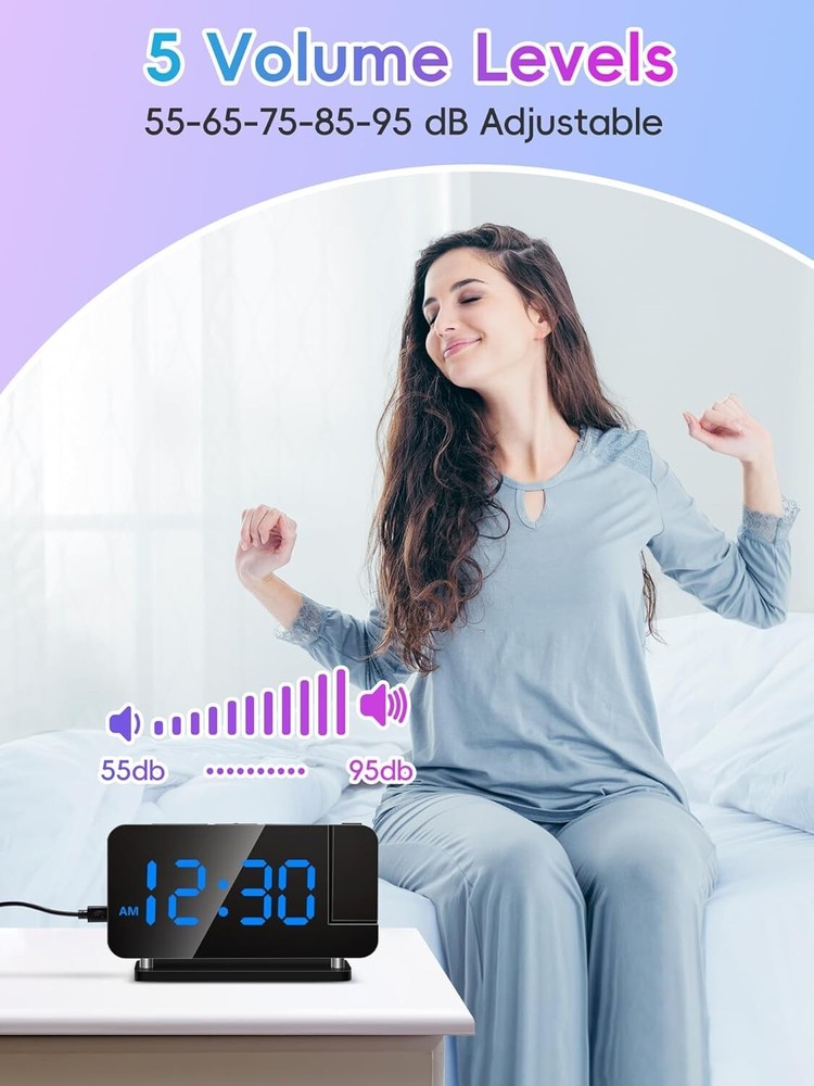 Projection Alarm Clock, Digital Clock with 180° Rotatable 3-Level Brightness