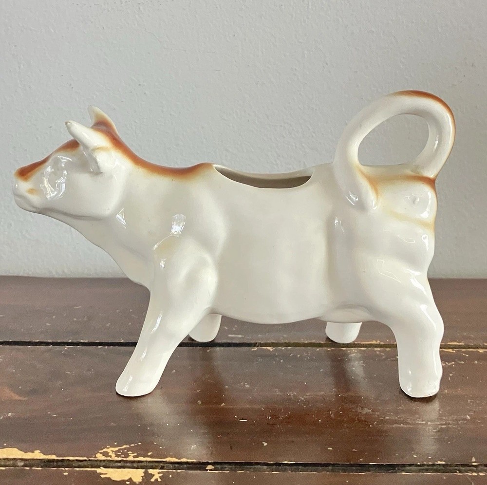 Pottery Barn Ceramic Cow Creamer Brown White Tail with Handle