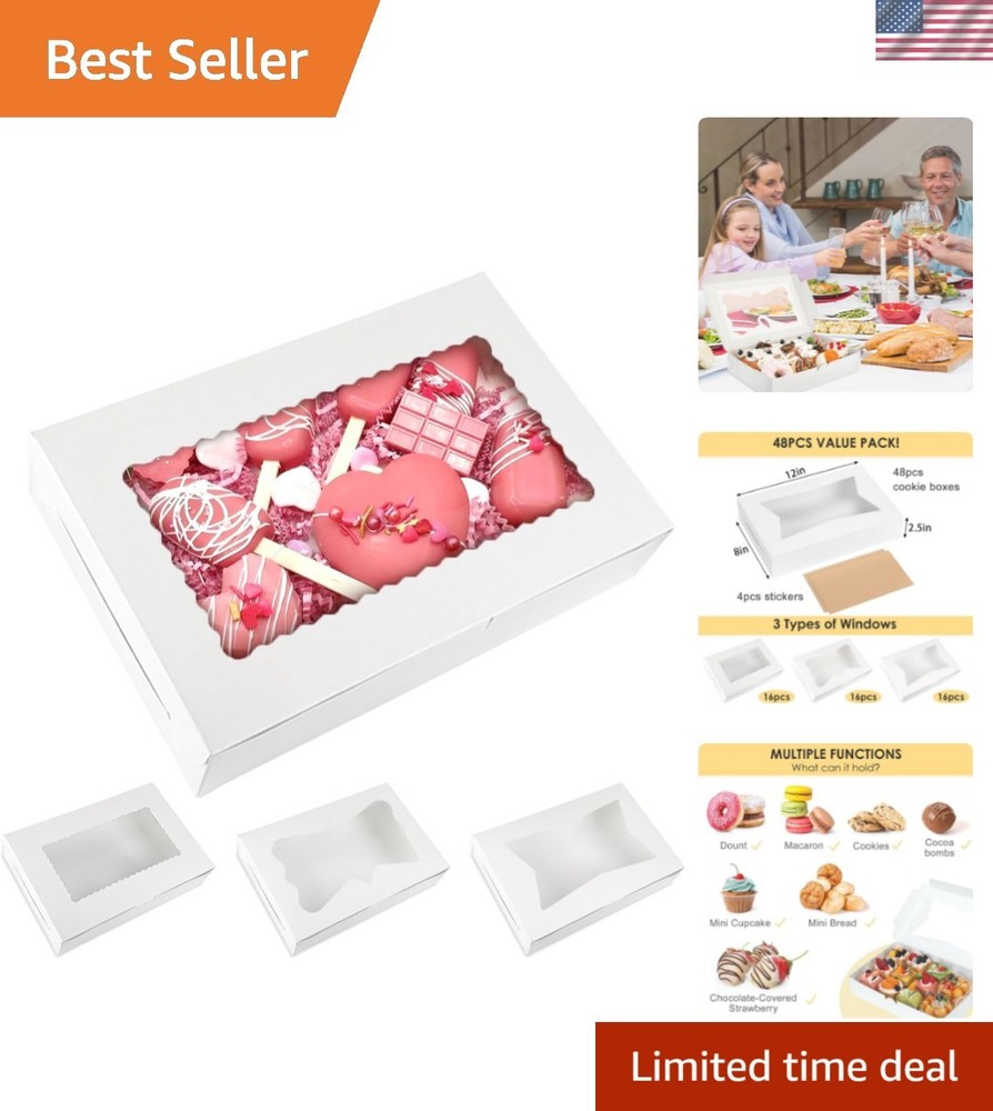 48pcs Bakery Boxes,12x8x2.5 Inches Cookie Boxes with 3 Style Window for Choco...