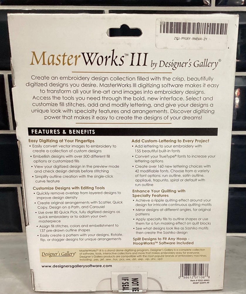 Designers Gallery Masterworks III Embroidery Digitizing Software. ~ Sealed