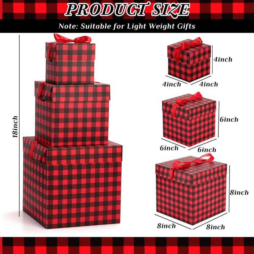 3 Pcs Christmas Nesting Gift Boxes Buffalo Plaid Xmas Stackable Boxes Black R...