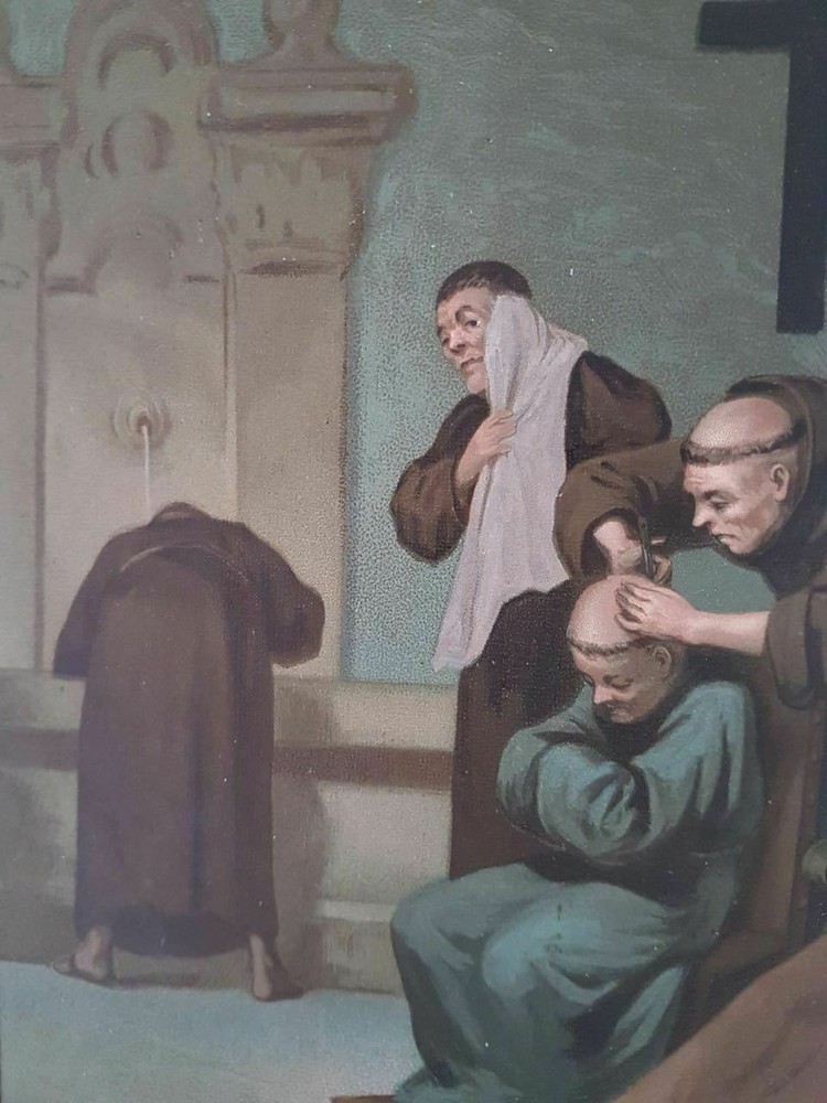 Old Engraving "Religious Scene" Monks