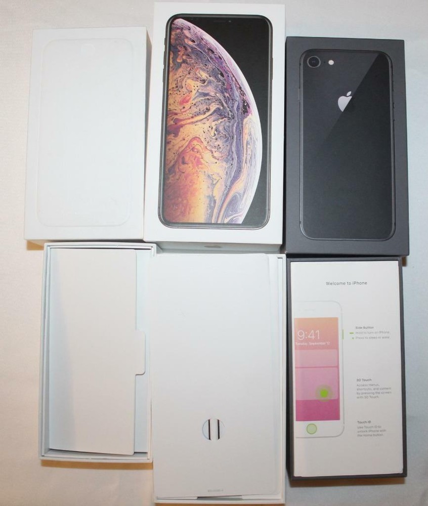 Three (3) EMPTY Apple iPhone Boxes iPhone 6 Xs Max & 8 Paperwork Earpods Holder