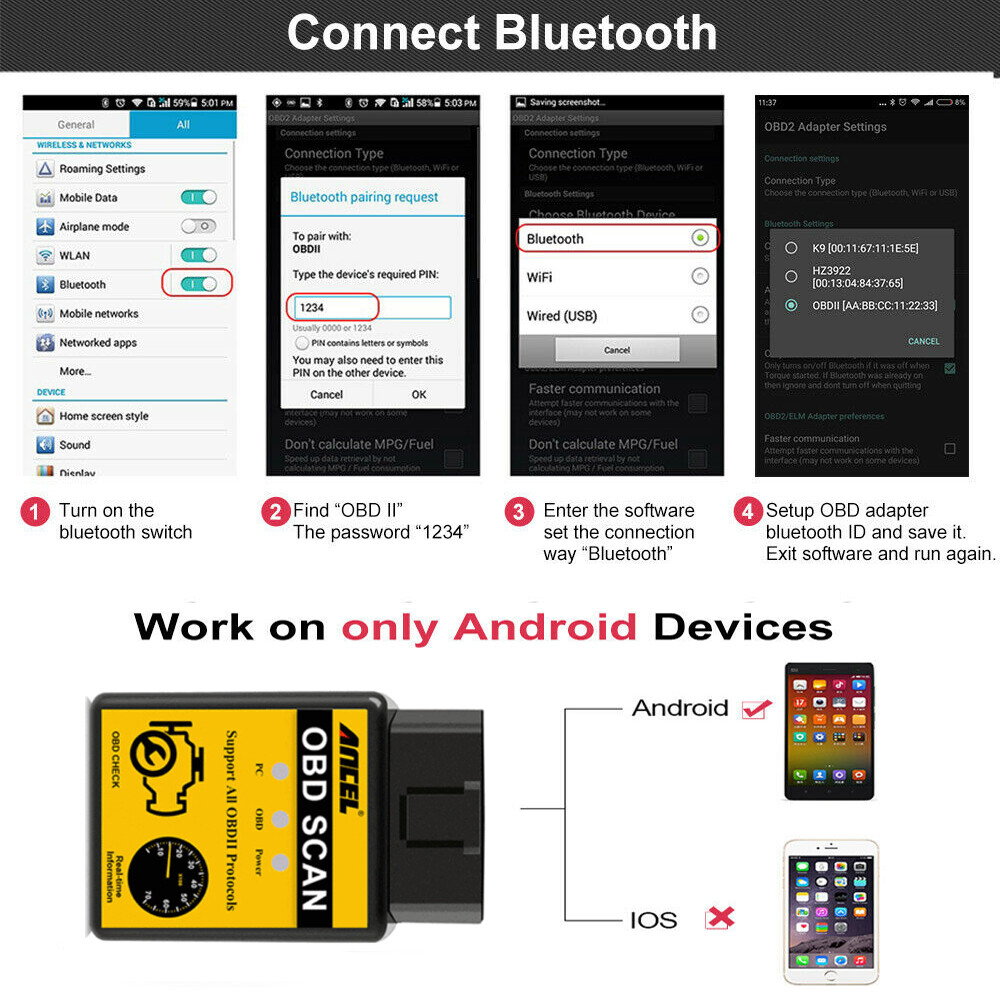 ELM327 OBD2 OBD Scanner Bluetooth Code Reader Auto Diagnostic Tool Check Engine