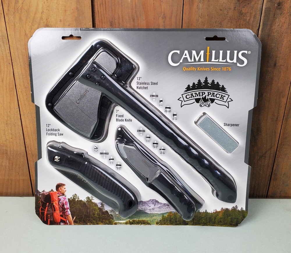 Camillus Multi-Tool Camp Pack, 4-Tools Folding Saw, Blade, Hatchet, Sharpener