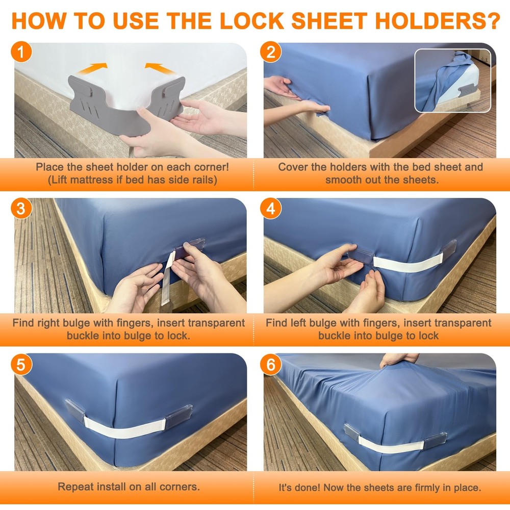 Bed Sheet Holders for Corners, Heavy Duty Fitted Holder with Lock Gray