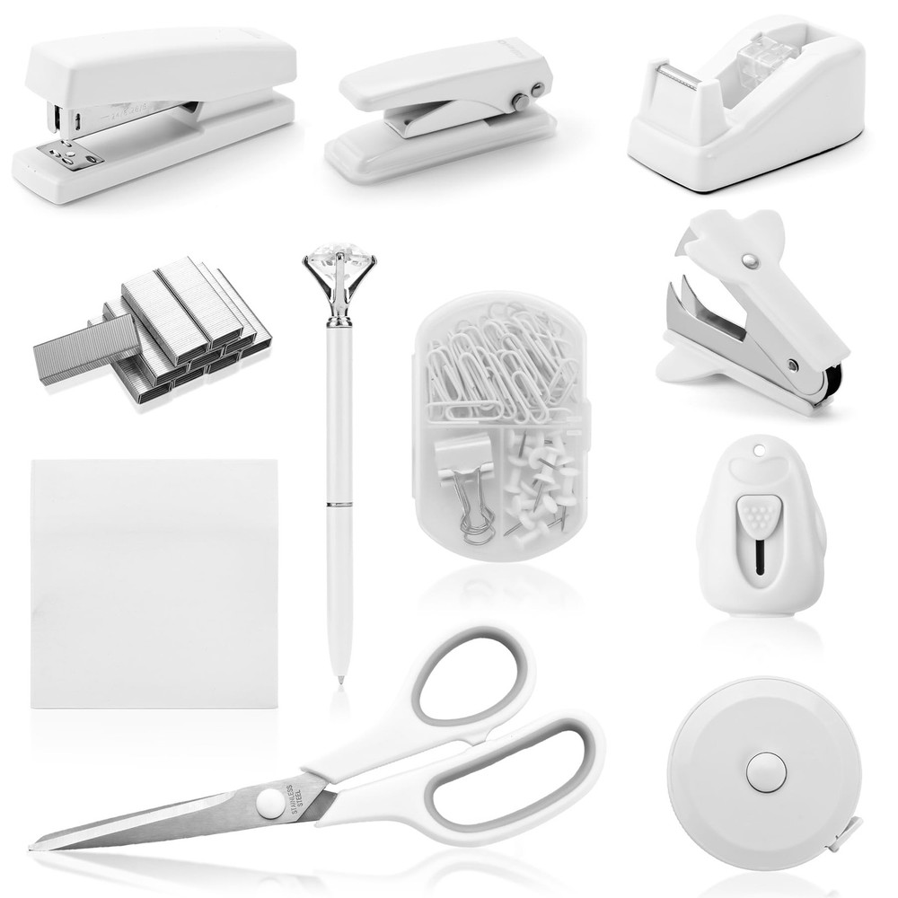 White Desk Accessory Kit Cute Office Supplies Set Desktop Stapler Set Include...