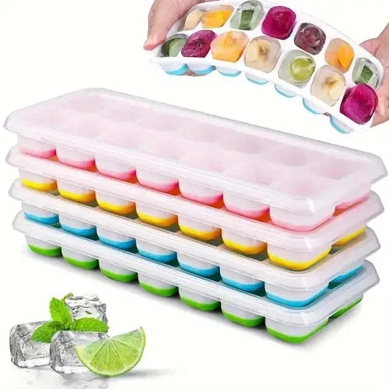 4x Silicone Ice Tray Mold with Lid - 14 Cavity Stackable Small Ice Cube Maker