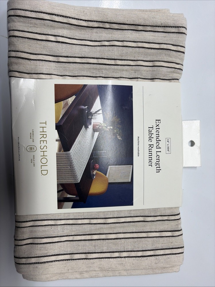 108"x14"  Extended Length Striped Table Runner Khaki/Black - Threshold