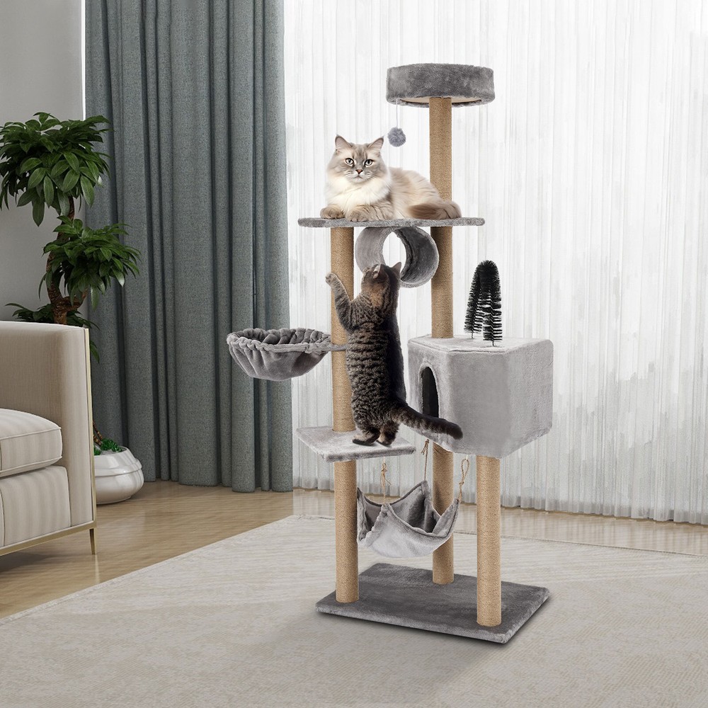 Floor Standing Scratching Post Multi-Level Cat Tower Climbing Frame Silvery Grey