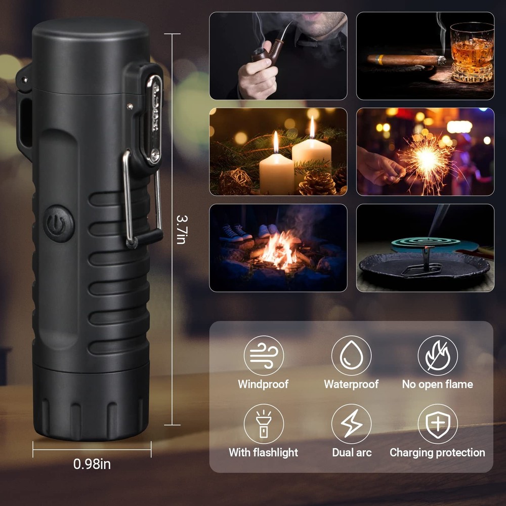 Scotte Plasma Windproof Electric Lighter & Flashlight 2 Piece Set, Black,