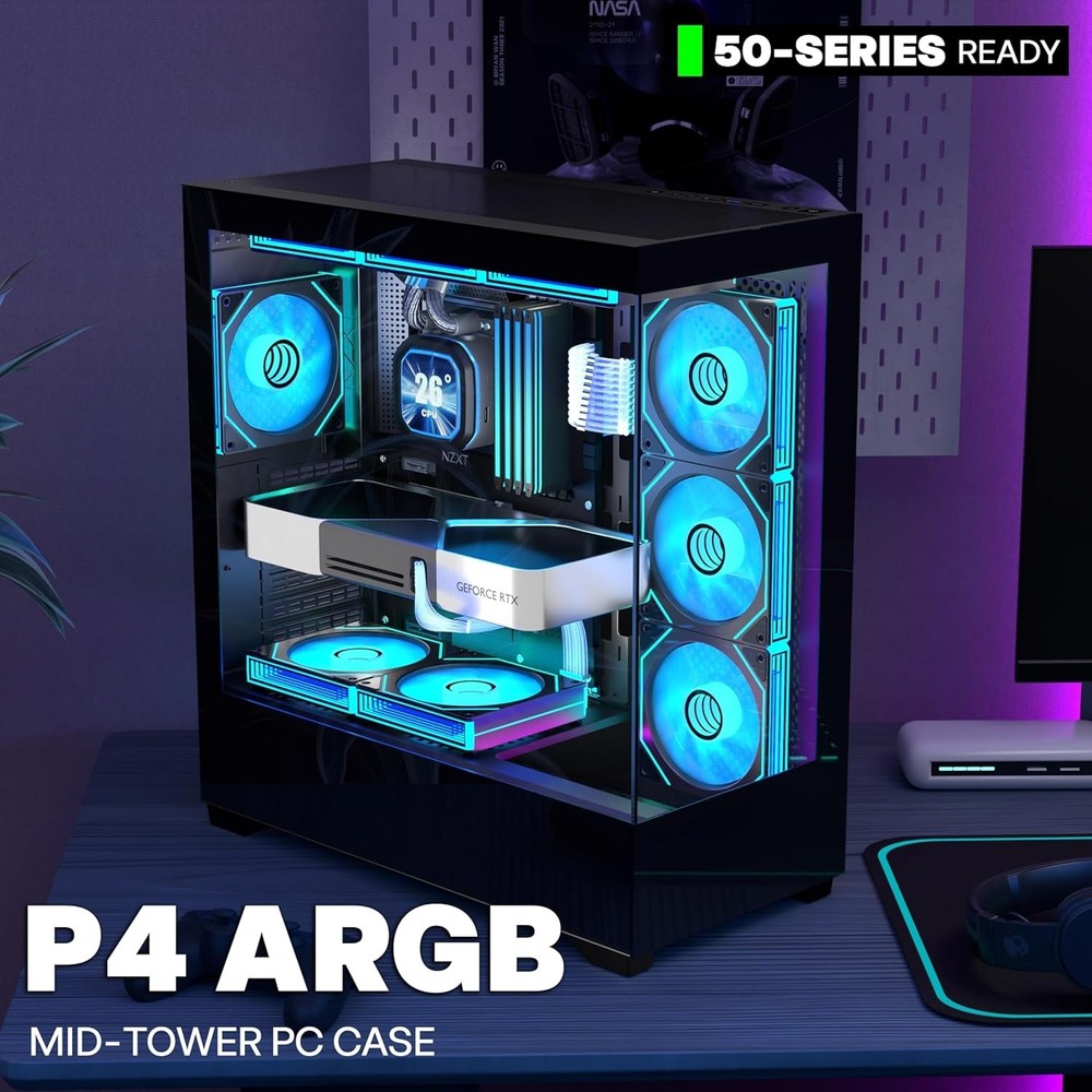Pc Case Atx 7 Pwm Argb Fans Pre-Installed, Type-C Mid Tower Computer Case
