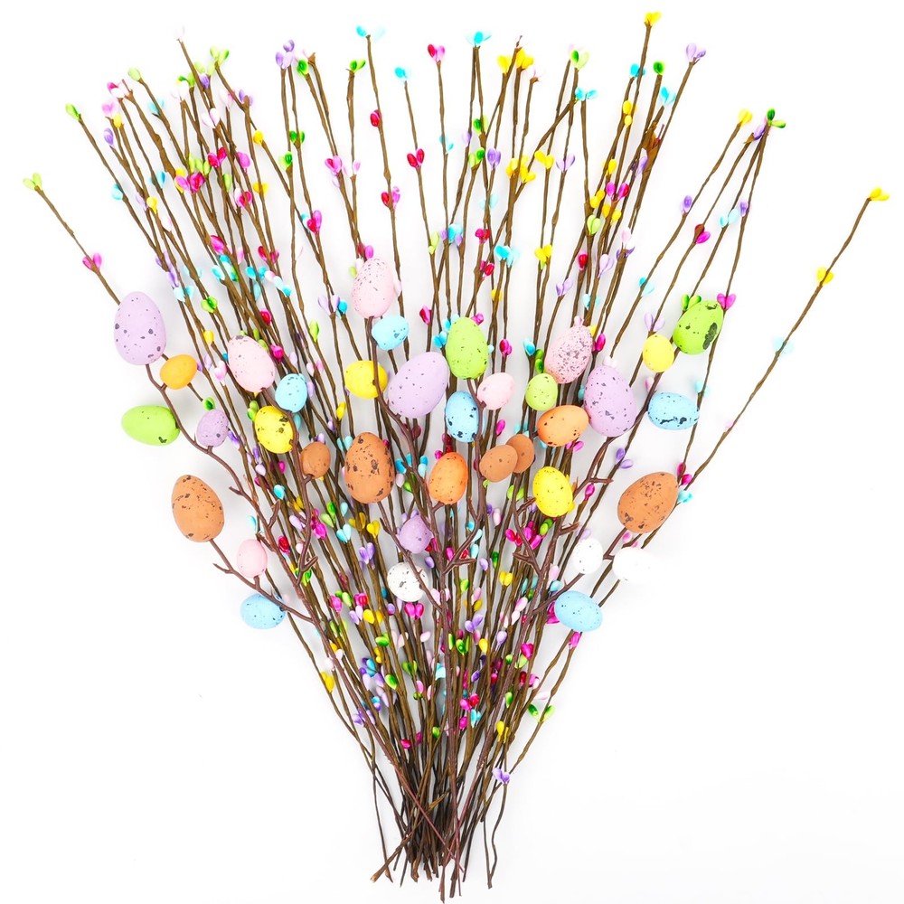Draupnir 48PCS Artificial Easter Spray Vine, Pastel Eggs and Colorful