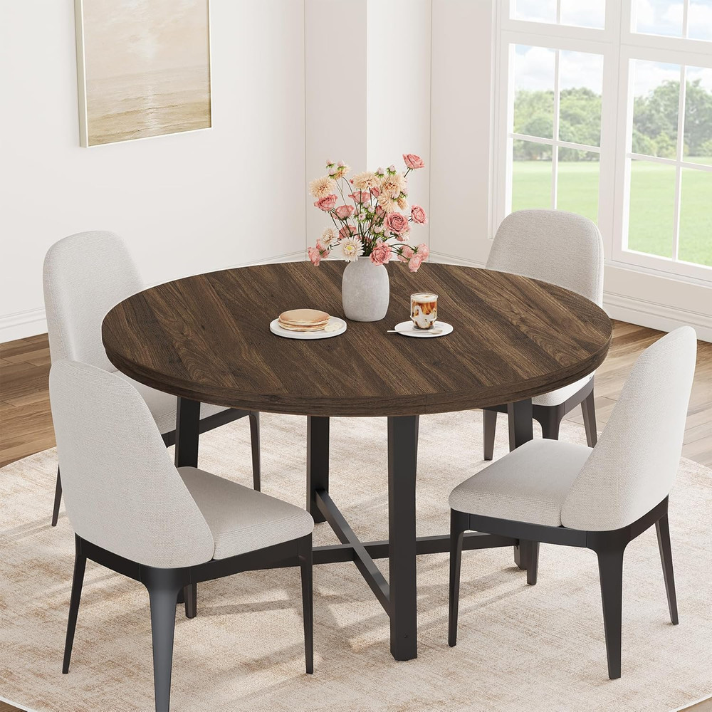 47" round Dining Table for 4, Kitchen Dining Room Table with Sturdy Metal Frame,
