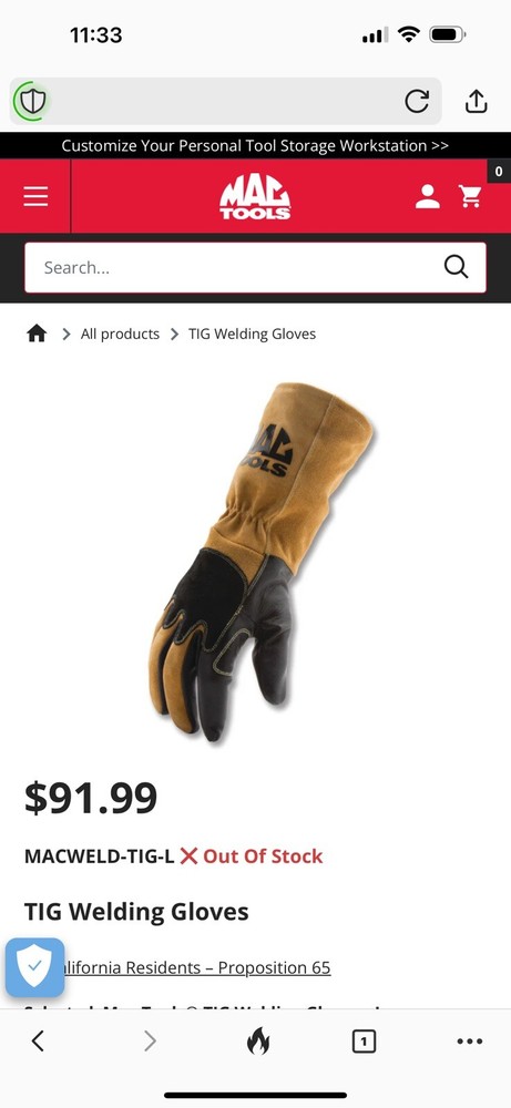 Mac Tools TIG welding gloves XL
