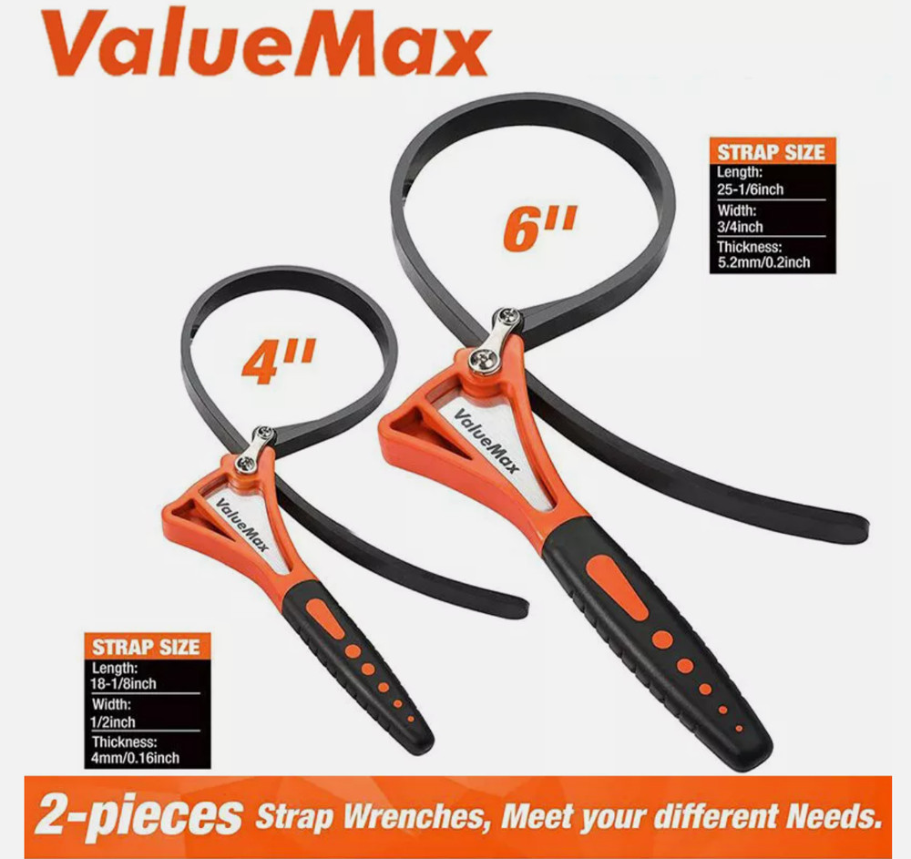 ValueMax 2PC 4" & 6" Rubber Strap Wrench Set Adjustable Straps  Nylon TPR Handle