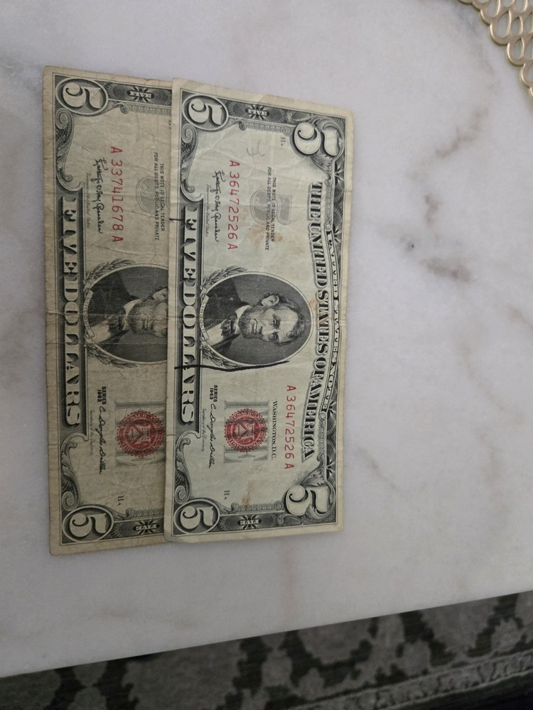 1963 2 Five Dollar & 2 Two Dollar Bills - Red Seal