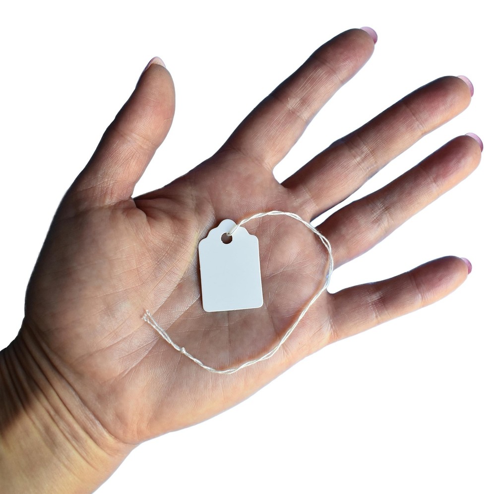 Merchandise Tags with String Attached - 1 1/4” x 7/8”, 1000 Strung #3, White