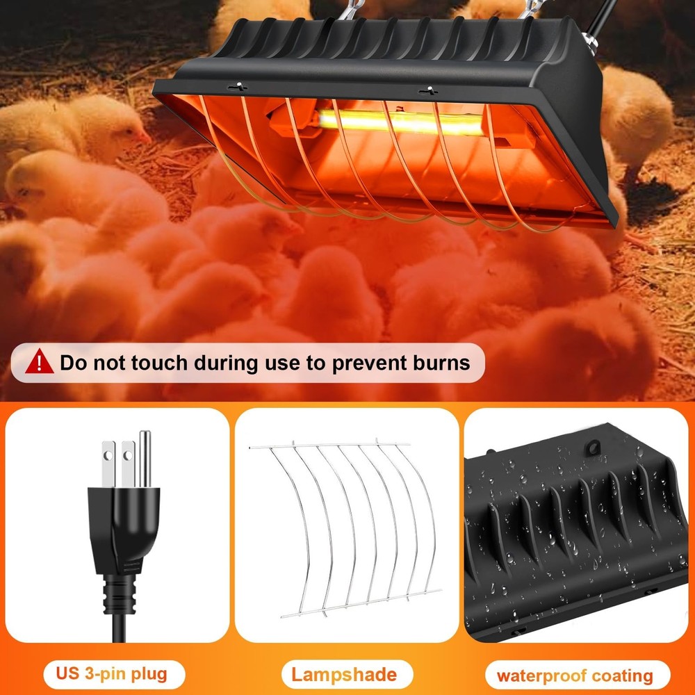 Chicken Coop Heating Lamp Brooder 250W, Adjustable Heating Temperature and Ha...