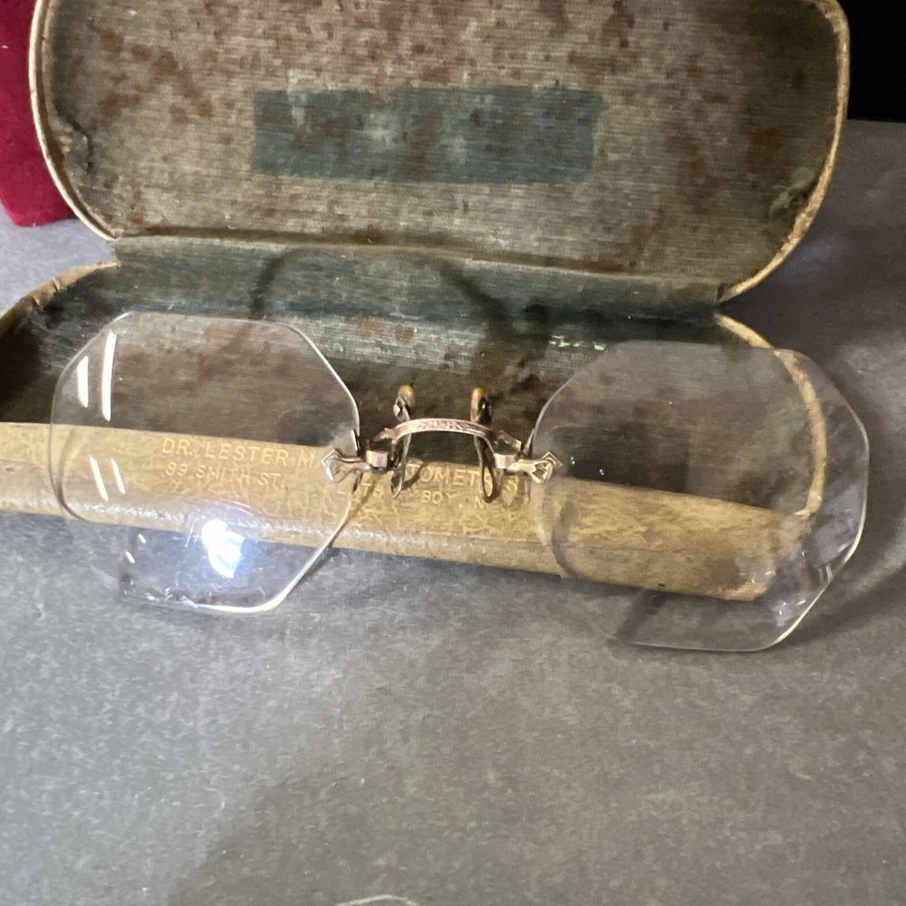 Antique rimless gold filled eyeglasses with case