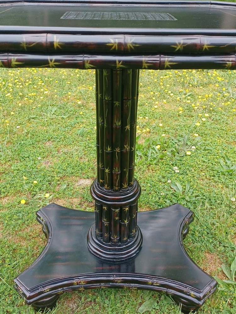 Maitland Smith Side Table Ebonized Faux Bamboo Leather Top Hand Painted Table