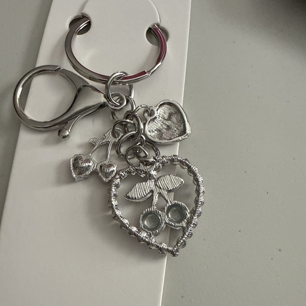 Silver Tone Cherry In Heart Purse Charm/Keychain